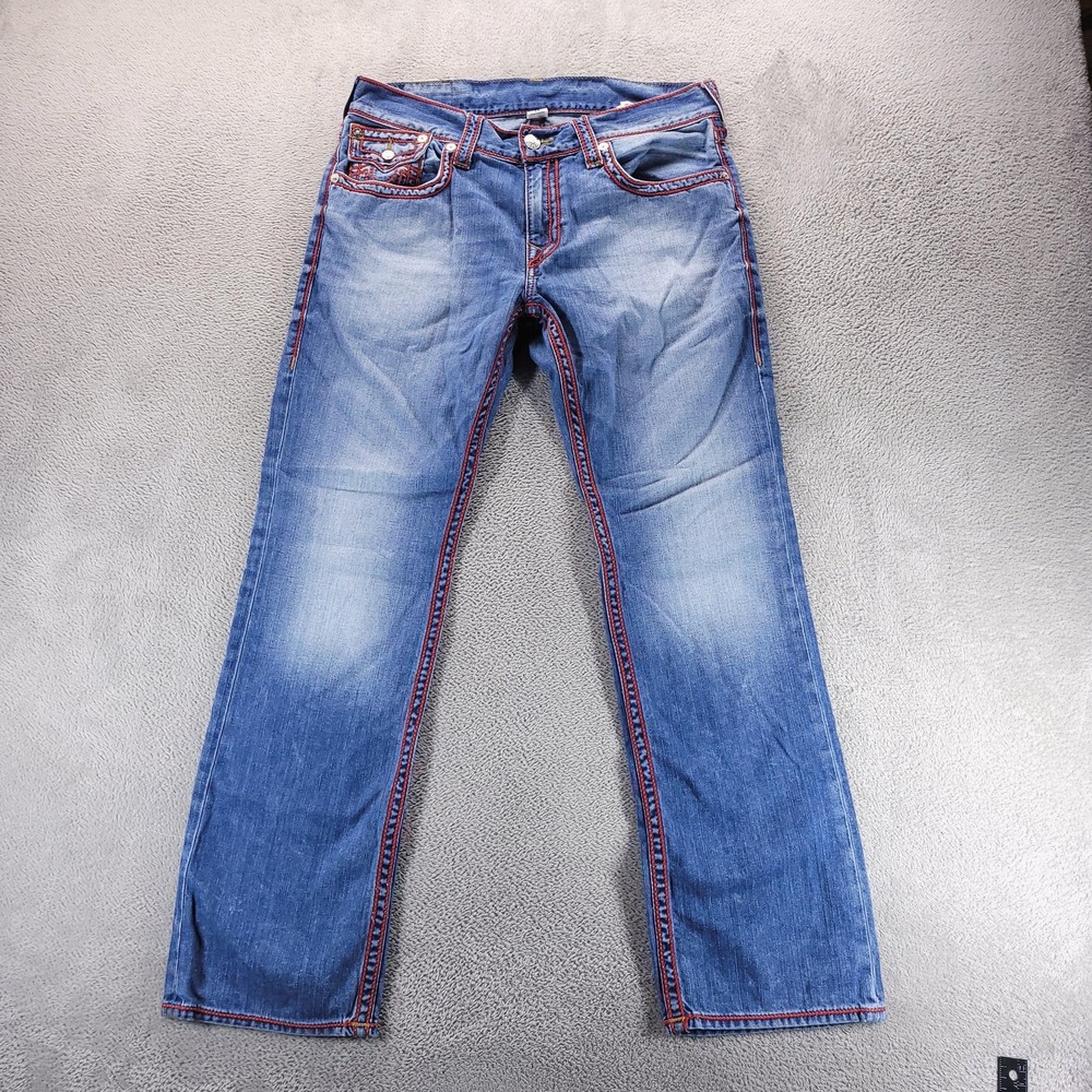 True Religion Jeans Mens 34 Blue Section Straight Red Stitching Flap Pockets